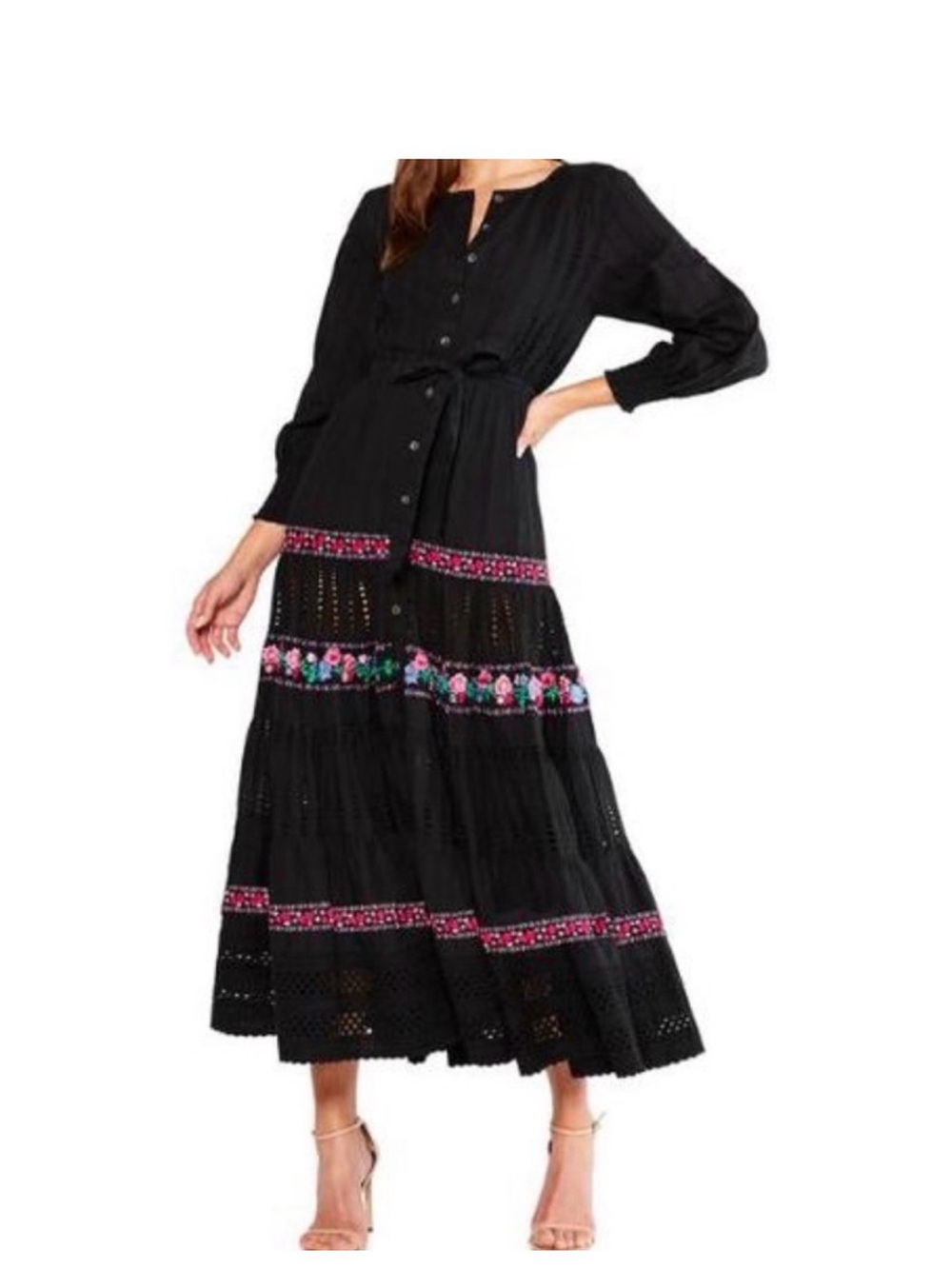 Misa Los Angeles Black Maxi Dress with Pink & Green Embroidery